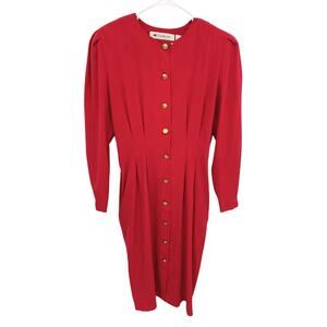 Vtg Ms Chaus Gold Button Down Fuchsia Pink Dress Long Sleeve with Belt Size 14